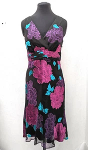 Calf-length John Rocha black & cerise  mix silk-blend floral devore dress sz 12 - Picture 1 of 5