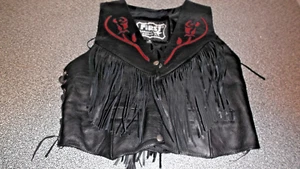 Women's First Black Leather Biker Vest Size M W/Red inlayed Roses w/ fringe - Picture 1 of 7