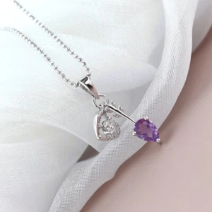 D10 Ciondolo Cuore Frecce Con a Punta Di Ametista Viola Argento Sterling 925 - Foto 1 di 12