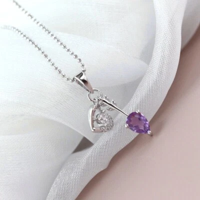 D10 Ciondolo Cuore Frecce Con a Punta Di Ametista Viola Argento Sterling 925 - Immagine 1 di 4