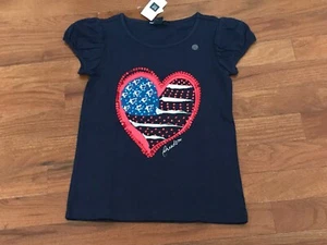 Gap Kids Navy Blue Short Sleeve Sequin Flag Freedom Heart Top Size XS 4-5 New - Picture 1 of 5