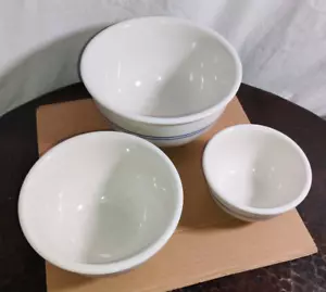 3 GIBSON China STONE farmhouse nesting mixing bowls BLUE STRIPES - Picture 1 of 8