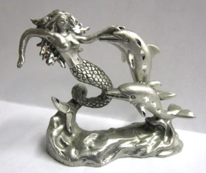 Masterworks Fine Pewter - Mermaid Playing in Ocean with Dolphins - 2" x 2-1/2" - Picture 1 of 3