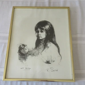 Vtg. Framed Art Print of Child with Flowers Signed R. Smith "GIFT FOR MOM" - Picture 1 of 4