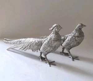 Par de estatuillas de faisanes plateados vintage masculino y femenino 12" - Imagen 1 de 11