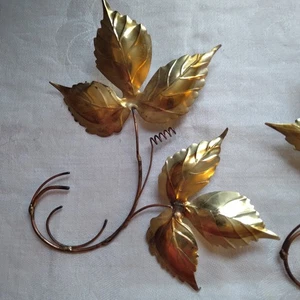 VTG MCM Pair Of 3 Gold Tone Metal Leaves On Copper Stems Hanging Fall Decor 8x6 - Picture 1 of 12