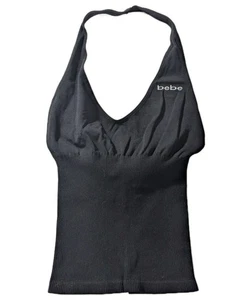 bebe Y2K schwarzes geripptes Neckholder-Top Stretch Strick Logo vorne Damen kleine Schätzung - Bild 1 von 5