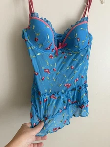 Victoria's Secret Babydoll Dessous Oberteil klein Bügel Blumen blau Laken verstellbar - Bild 1 von 5