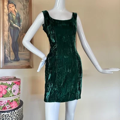 Vintage 90s Emerald Green Crushed Velvet Supermodel Bodycon Mini Dress XS/S - Image 1 of 4