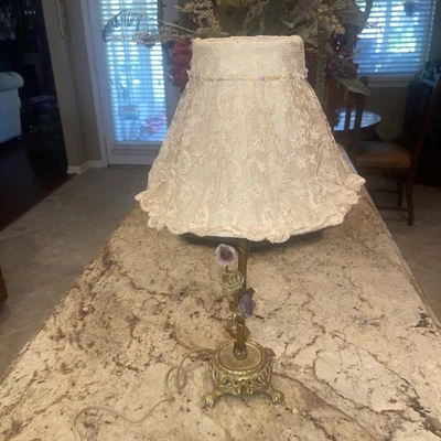 Antique Brass With Porcelain Flowers Boudoir Stick Table Lamp - Image 1 of 4
