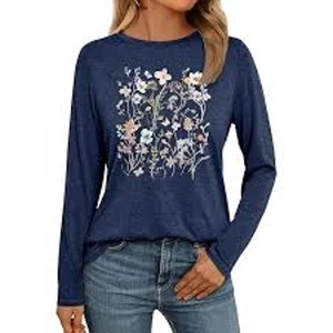 Camiseta azul manga larga flores silvestres, floral talla M - Imagen 1 de 6