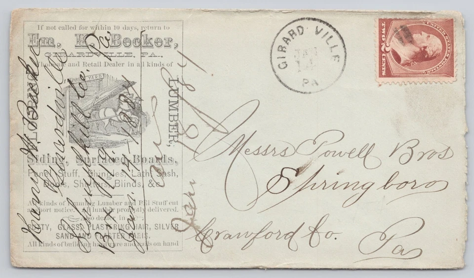 Becker Flooring & Lumber Girardville PA Advertising Postal Cover 1884 B2-94 - Image 1 of 2