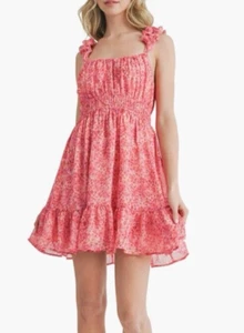 LUSH Dress Pink Floral Babydoll Chiffon Sundress Peasant Elastic Waist Women L - Picture 1 of 12