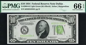$10 1934 Dallas FRN. Fr. 2004-K. LIGHT GREEN SEAL. LGS. Quality Note. PMG 66 EPQ - Picture 1 of 2
