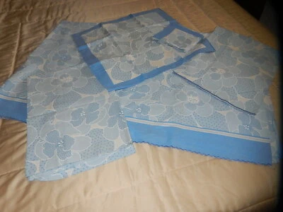 ANCIENNE PARURE BLEUE DRAPS HOUSSE DESSUS TRAVERSIN 2 TAIES VINTAGE 1970 FLEURS - Photo 1/4
