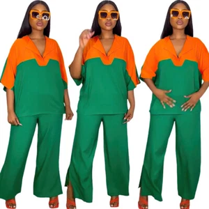 2pcs Muslim Women Short Sleeve Blouse Wide Leg Pants Sets Casual Kaftan Outfits - Picture 1 of 32