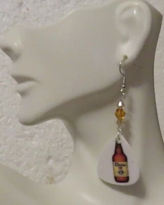 Brown Beer Bottle Picture 2" Hook Earrings Amber Color Accents - Image 1 of 3