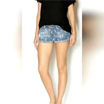 Pantalones Cortos de Denim Azul Estampado Piña Habana De Colección Talla 29 Tiro Bajo Deshilachado Dobladillo Crudo Foto 1 de 4