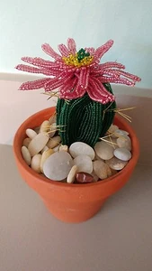 Handmade french beaded Flower Cactus Cacti plant with pink flower in Clay pot - Picture 1 of 2