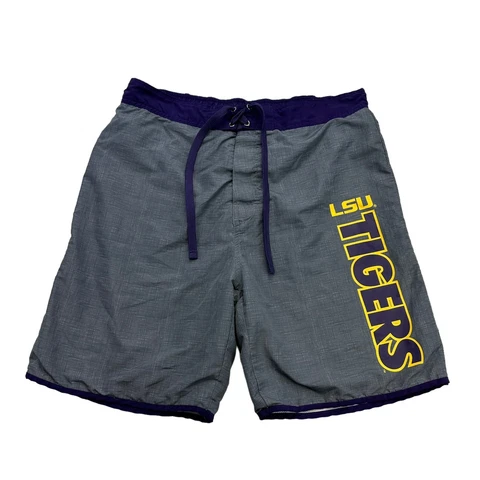 LSU Tigers Swim Trunks Mens Large L Gray Purple Drawstring Lined Lightweight Cover