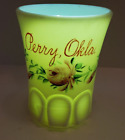 Custard Glass Cup Tumbler Heisey? Souvenir Perry Oklahoma Glows OK Okla Heavy