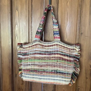 Carpet Bag Tote Chindi Rag Rug by Shiraleah of Chicago Large~Well Loved - Picture 1 of 8