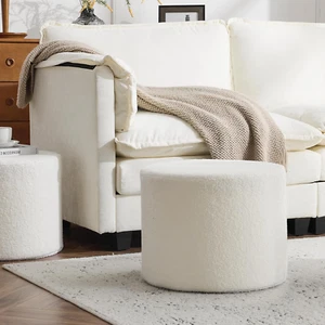 New Soft Boucle Round Ottoman Footstool, Glam Living Room Bedroom Decor - Picture 1 of 12