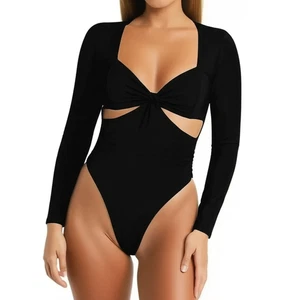 NEW Abercrombie & Fitch Soft AF Black Cutout V-Neck Long Sleeve Bodysuit Size L - Picture 1 of 7