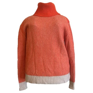Kinross Cashmere Orange Stripe Ribbed Turtleneck With Zip Collar Size M Classic - Picture 1 of 8