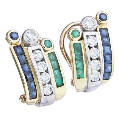 Ohrclips Brillanten Smaragde Saphire 750er Weiß- und Gelbgold - Bild 1 von 2