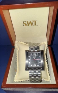 New!! Men’s Swiss Watch International Silver Tone Black Face Watch - Picture 1 of 8