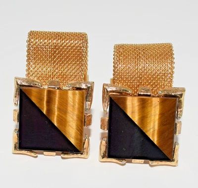 Vintage Simmons Karatclad Gold Tone Tigers Eye & Black Onyx Mesh Wrap Cufflinks - Image 1 of 4