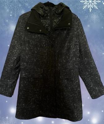 Guess Women’s Black Tweed-Look Winter Jacket Coat Size Medium Hooded Zipper Snap - Image 1 of 4