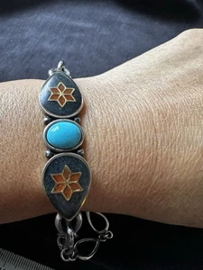 Vintage CR 925 Hallmark Sterling Silver Enamel Turquoise Bracelet-18cm 20.6g - Picture 1 of 12