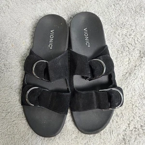 Vionic Corlee Black Suede Leather Adjustable Buckle Slide Sandals US 8.5 EU 40 - Picture 1 of 3