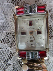 Watch Mens Geneva Diamond Chips and Ruby Stones - Picture 1 of 8