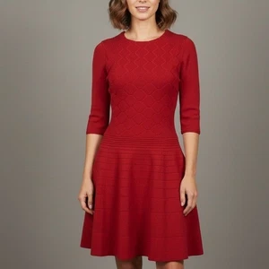 TED BAKER London rotes gestepptes Fit & Flare Strickkleid mit Jakobsmuschel Größe 4 - Bild 1 von 7