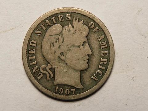 1907-D Barber Dime, VG Cover