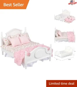 Handmade Mini Bed Set for Dolls - White Wooden Frame with Floral Pattern Bedding - Picture 1 of 8