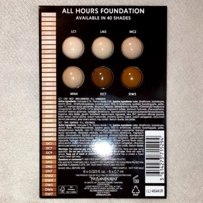 Yves Saint Laurent All Hours Luminous Matte Foundation Sample Card (6 Shades) - Image 1 of 2