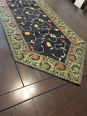 Table Runner Silk Brocade 60 Inch Runner Embroidery Runner Floral Boho Black Red - Image 1 of 4