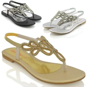 Womens Flat Sandals Diamante Toe Post Ladies Slingback Dress Holiday Shoes 3-9 - Picture 1 of 13