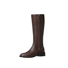 Women&#39;s Round Toe Low Heel Motor Knee High Riding Boots Western Shoes 43 42 41