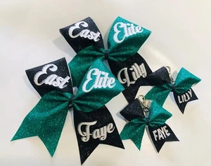CHEERLEADING GLITTER CHEER HAIR BOW KEYRING SET CUSTOM MADE ANY COLOURS/DESIGN - Picture 1 of 38