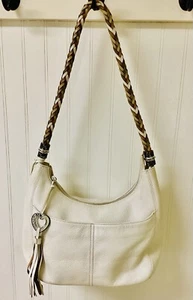 Brighton Lederhandtasche, weiß, geflochtene Lederriemen, Anhänger, Schlüsselclip. - Bild 1 von 12