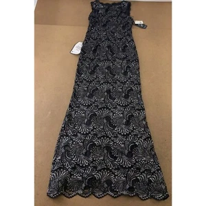 Adrianna Papell Womens Gown Dress Black Scroll print Scallop Hem Boat Neck 2 New - Picture 1 of 8