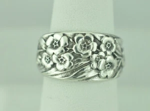 Massiver 925 Sterling Silber Vergissmeinnicht Blume Floral Verstellbarer Löffel Ring - Bild 1 von 6