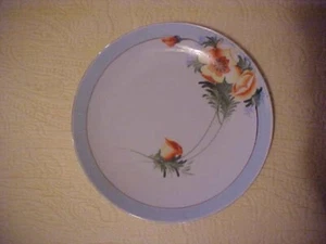 ORANGE POPPY FLOWERS, Hand Painted NIPPON PLATE w/LIGHT BLUE BORDER - Picture 1 of 4