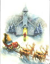Santa Claus Pauses for Prayer Reindeer Deer Sleigh VTG Christmas Greeting Card