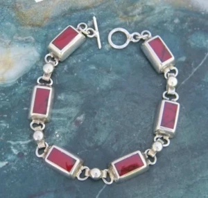 Mexican Bracelet Silvertone 7-1/2" Vintage Link Enamel Faux Red Jasper Inlay Z36 - Picture 1 of 3